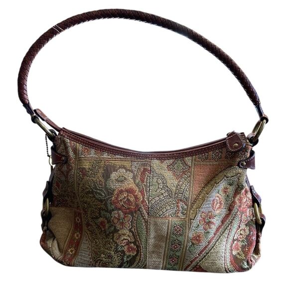 Vintage Fossil Womens Shoulder Bag Mixed Media Jacquard Tan Brown Green‎ - Picture 1 of 12